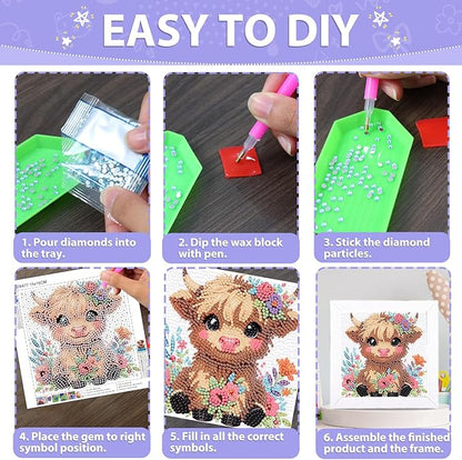 hkejoi Highland Cow Diamond Painting Kits for Kids with Frame- Highland Cow Diamond Art Kits, Animal Big Gem Diamond Painting Arts and Crafts Painting Kit for Gift Home Wall Decor 7x7inch