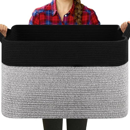 Extra Large Laundry Basket, 95L Blanket Basket for Living Room, Cotton Rope Toy Storage for Kids, Woven Storage for Clothes, Towels, Pillows, 24" x 17" x 14", Pink and White