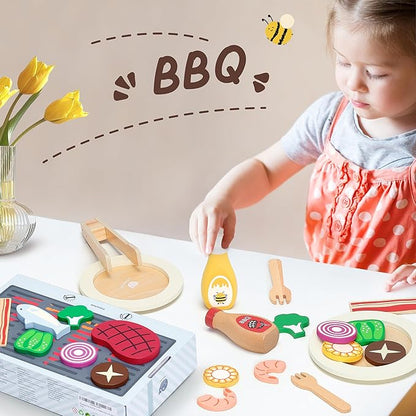 Play Food, Wooden Play Kitchen Food, Toy Food for Toy Kitchen and Grill, 24 Pcs Toddler Pretend Play with Play Dishes, Food Toys for Toddlers Boys Girls Ages 3+