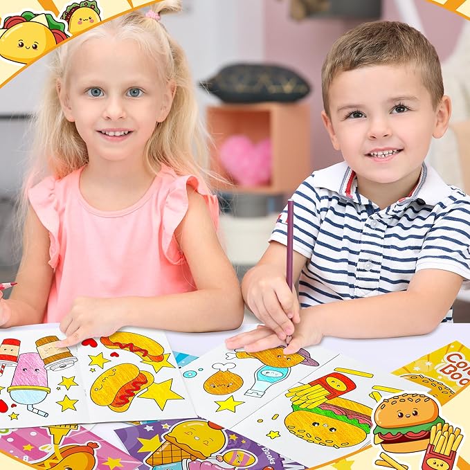 Junk Food Coloring Books for Kids- 24Pcs Bulk Fast Food Mini Coloring Booklet DIY Art Drawing Book with Hot Dogs Pizza Hamburger Coke for Toddlers Birthday Party Favors Goodie Bag Filler