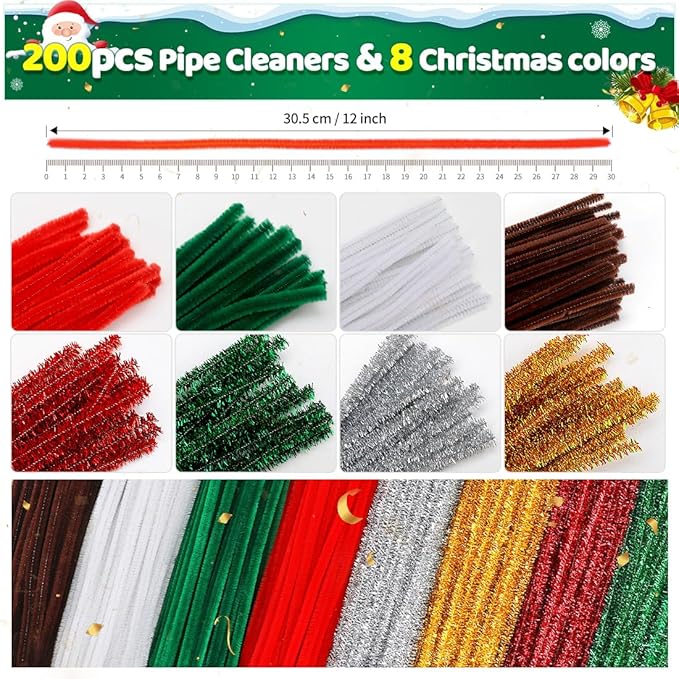 IOOLEEM Christmas Pipe Cleaners, 200pcs in 8 Christmas Colors, Chenille Stems for Christams, DIY Christmas Crafts and Party Decors, Art and Craft Supplies.
