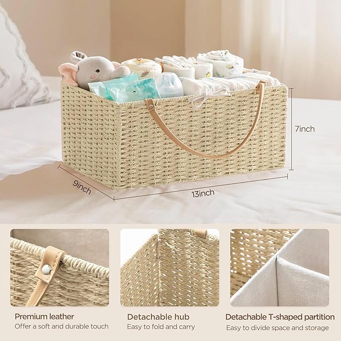 HBlife Baby Diaper Caddy Organizer, Paper Rope Storage Baskets Nursery Bin with Removable Divider, Portable Car Organizer for Diapers, Baby Shower Gifts, Newborn Essentials Must Haves
