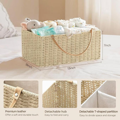 HBlife Baby Diaper Caddy Organizer, Paper Rope Storage Baskets Nursery Bin with Removable Divider, Portable Car Organizer for Diapers, Baby Shower Gifts, Newborn Essentials Must Haves