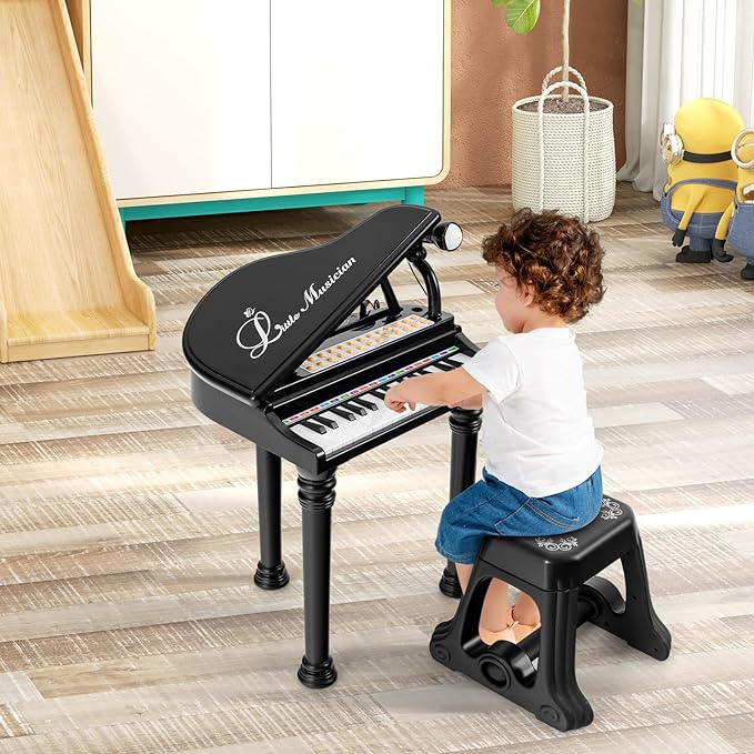 HONEY JOY Classical Kids Piano, 31-Key Toy Mini Grand Piano with Music Stand & Stool, Portable Electronic Educational Musical Instrument Toy w/ Microphone, Lights, Gift for Kids (Black, 31 Keys)