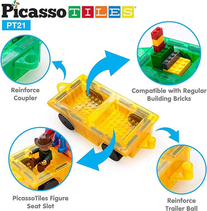 PicassoTiles 2pcs Magnetic Tiles Expansion Car Truck Building Blocks Compatible Set, Kids Magnet Bricks STEM Learning Toys, Magnetic Add-ons, Car Toys, Toddler Preschool 3 Years and up Boys and Girls