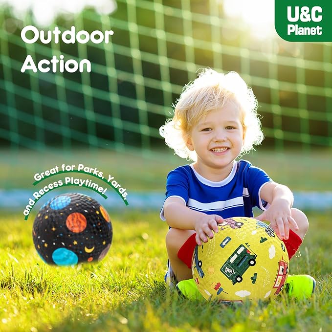 U&C Planet Playground Balls for Toddlers 1-3, 2 Pack 6 inch 8.5 inch Kickball for Kids Outdoor Indoor, Catoon Rubber Balls with Pump, Child Gift for Boys Girls 1-3 3-5 5-10