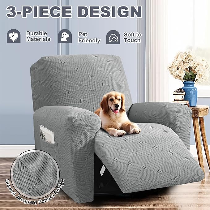 JIVINER Recliner Chair Covers, Jacquard 3 Piece Slipcovers for Recliner Chair Soft Stretch Lazy Boy 1 Seater Reclining Protector with Pockets (Recliner, Light Grey)