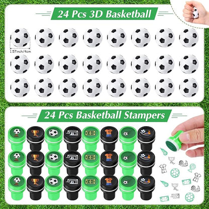 Aoriher 120 Pcs Soccer Sports Party Favors Set Serve 24, Soccer Goodie Bulk Foam Finger Mini Stress Ball Slap Bracelet Charm Bracelet Stamp for Girl Boy Kids Soccer Theme Party Supplies