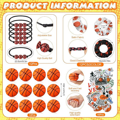 86 Pcs Basketball Party Favors, 50 Pcs Basketball Stickers, 12 Sports Stress Ball Mini Foam Basketball Ball, 12 Basketball Charm Bracelets 12 Basketball Scrunchie Sports Valentines Gifts Supplies