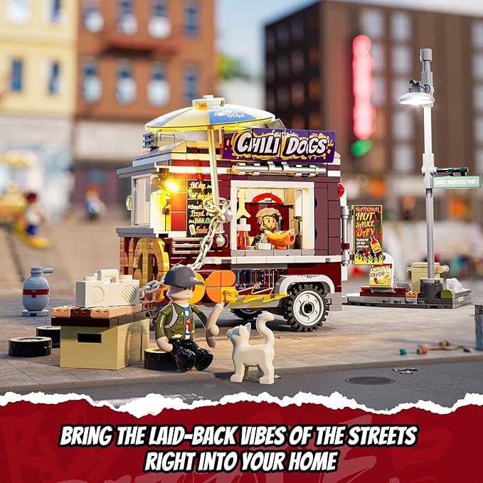 FUNWHOLE Chili Dog Trailer Lighting Building-Bricks Set - City Food Truck Toy Playkit 515 Pcs for Adults and Kids