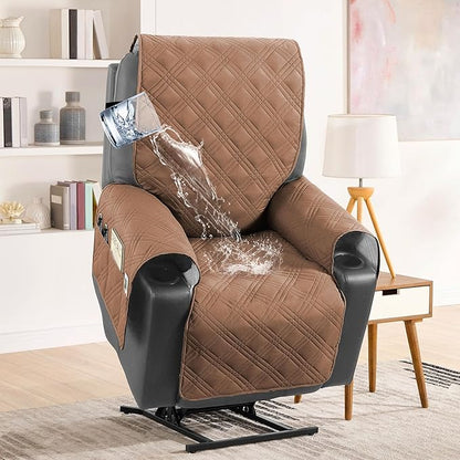 H.VERSAILTEX 100% Waterproof Nonslip Recliner Cover Stay in Place Recliner Couch Slipcover for Large Power Lift Recliner with Side Pocket Washable Reclining Furniture Protector,Terracotta/Beige