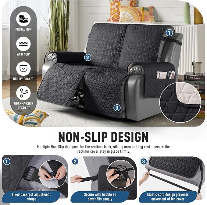 TAOCOCO 100% Waterproof Loveseat Recliner Cover-Recliner Cover with Non-Slip Granule, Recliner Chair Covers with Elastic Band,Washable Recliner Chair/Furniture Protector for Pets(Black, 2 Seater)