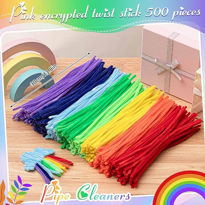 Peryiter 500 Pieces Pipe Cleaners Chenille Stems 12 Inch Craft Supplies Bulk for DIY Art and Craft Projects Creative Gift Wrapping Party Decorations(Rainbow Color,12 Inch)
