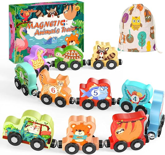 Toys for Toddlers, 11 Magnetic Wooden Animals Train Set, Montessori Toys for Toddlers, Learning Activities, Sensory Toys for Kids, Birthday Gifts for Boys, Girls