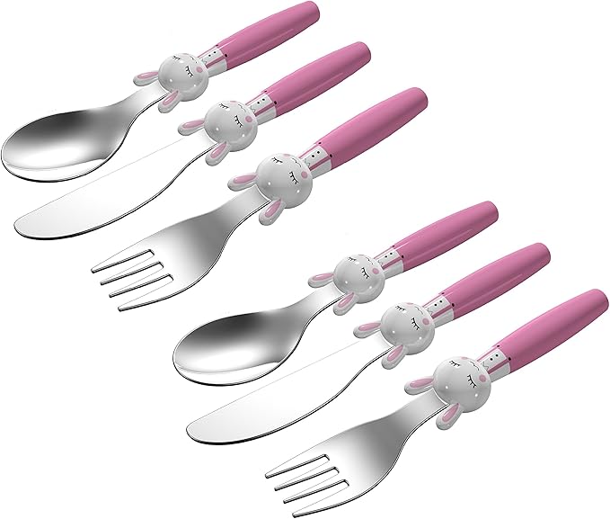 Exzact Children Flatware Pink Rabbit 6pcs Stainless Steel, Kids Silverware Toddler Utensils - BPA Free, Dishwasher Safe, 24M+