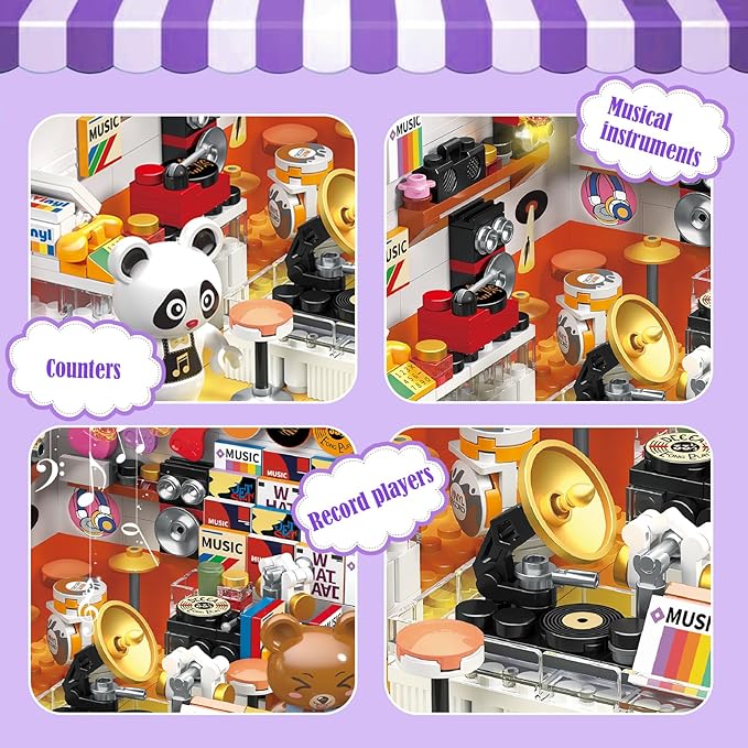 Friends House Building Block Set, Bear Record Shop Business City View Small Brick Model, Mini Construction Toy, Hobbies Christmas Birthday Gift for Teens Children Kids Boys Girls 6+, 554pcs