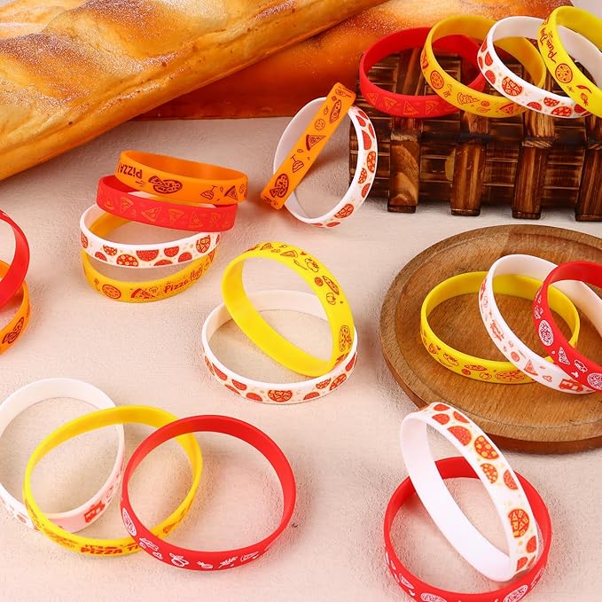 48Pcs Pizza Party Wristbands Silicone Bracelets Pizza Birthday Party Supplies Pizza Theme Stretch Bracelets Gifts for Women Men Teen Pizza Party Favors School Prizes, 8 Styles