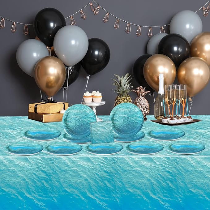 gisgfim Ocean Sea Birthday Party Supplies Ocean Waves Party Tableware Includes Ocean Birthday Party Plates Napkins Fork and Ocean Sea Theme Tablecloth for Birthday Parties Decorations Set Serve 20