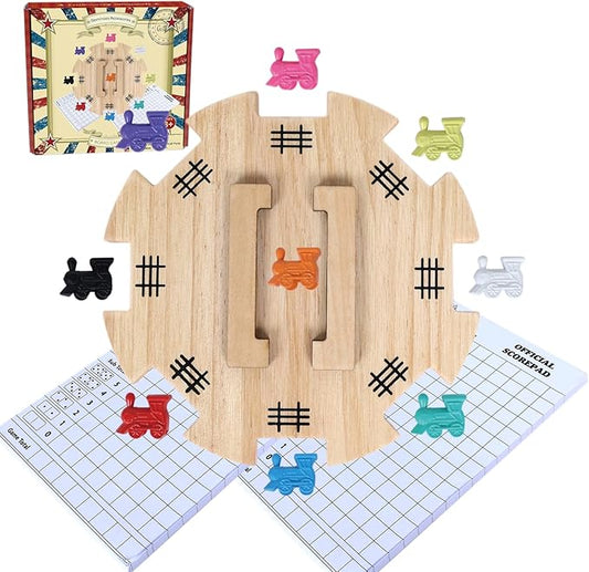 GOTHINK Mexican Train Dominoes Accessories Set - Large Size Pine Hub, 9 Colorful Metal Markers, 50-Sheet Score Pads*2