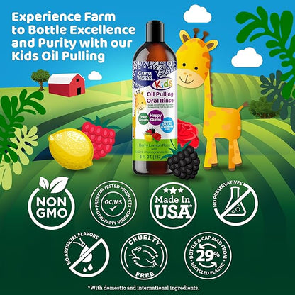 GuruNanda Kids Oil Pulling, Alcohol-Free Mouthwash, Essential Oils & Vitamins for Fresh Breath & Happy Gums for Ages 6 & up, Natural Berry Lemon Rose, 8 Oz