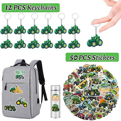 98 PCS Tractor Party Favors Tractor Theme Birthday Party Supplies Decorations Tractor Rubber Bracelet Tattoos Keychains Button Pin Tractor Stickers for Boys Girls Farm Tractor Birthday Theme Party
