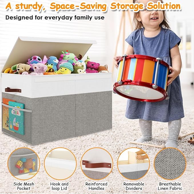 Large Toy Storage Box with Lid Upgraded Toy Storage Chest Organizer with Divider Foldable Toy Bin for Kids Boys Girls Playroom Nursery Bedroom (25"x13"x16")