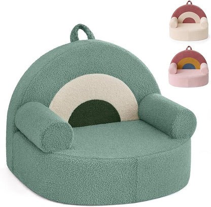 Blissful Diary Toddler Chair Comfy, Foam Kids Chair with Soft Teddy Plush, Toddler Reading Armchair with Cute Rainbow Designs- Sage Green
