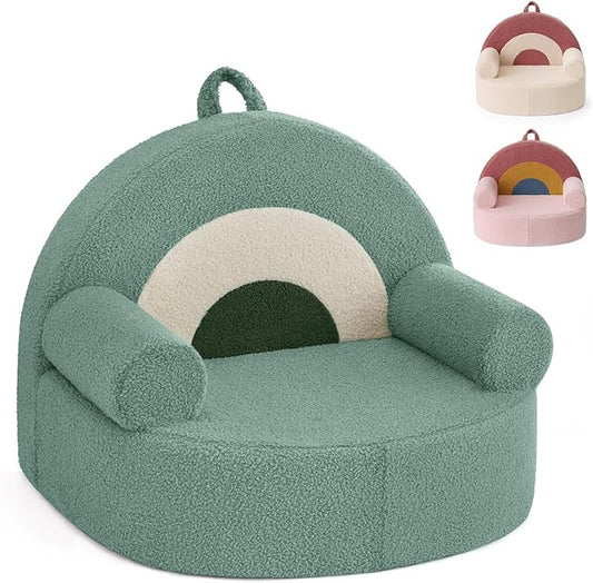 Blissful Diary Toddler Chair Comfy, Foam Kids Chair with Soft Teddy Plush, Toddler Reading Armchair with Cute Rainbow Designs- Sage Green