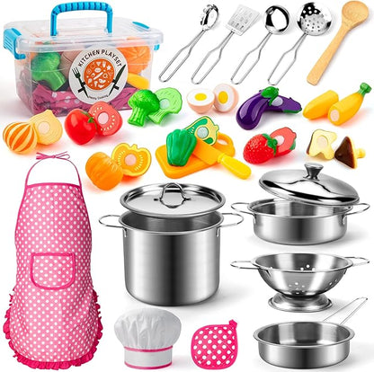 26PCS Play Kitchen Accessories, Kitchen Pretend Play Cooking Toys w/ Stainless Steel Cookware, Apron & Chef Hat,Pots and Pans Set, Cutting Foods, Great Learning Gifts for Toddler & Boys Girls