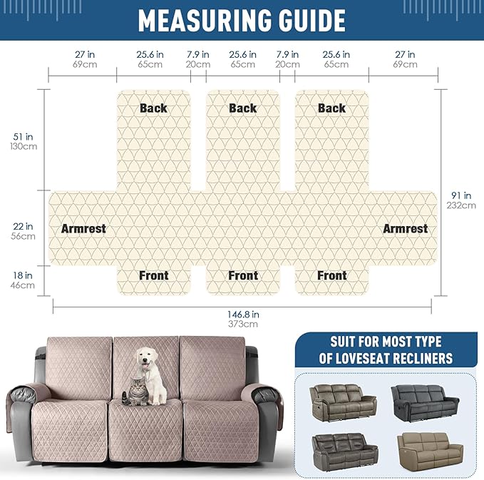 TAOCOCO 100% Waterproof Recliner Sofa Cover-Non Slip Split Couch Covers for Reclining Couches with Elastic Straps,Couch Covers for 3 Cushion Couch Sofa Pet Friendly(Peach, 3 Seater)