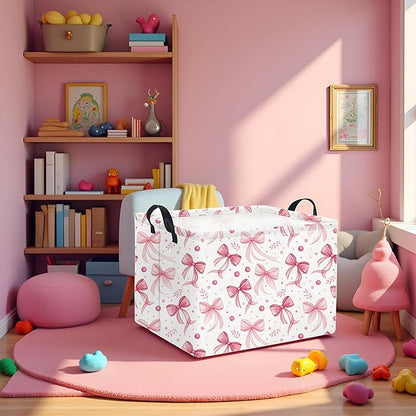 HIYAGON Rectangular Pink Basket for Girls Kids Baby Storage Basket Toy Storage Bin Organizer Box Room Decor(Pink Bowknot)