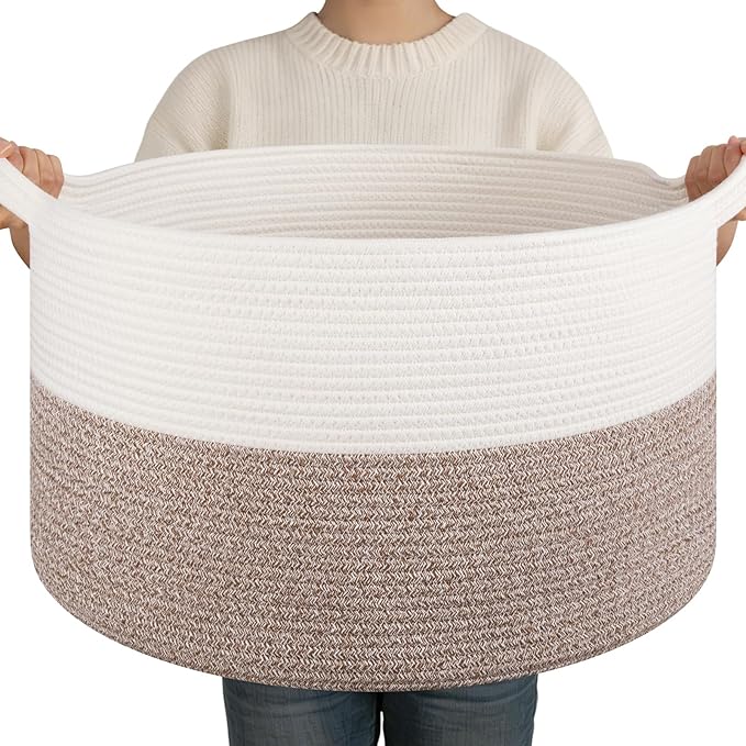 OIAHOMY Large Blanket Basket for Living Room, 19.7" x 12.6" Woven Cotton Rope Laundry Basket for Organizing Pillows, Decorative Stuffed Animal Toy Storage Bin for Nursery, White and Linen Brown