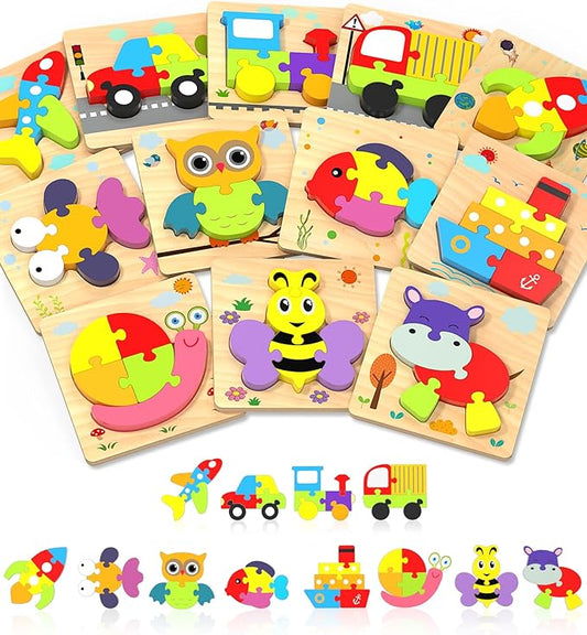 Yetonamr Wooden Toddler Puzzles Gifts Toys for 1 2 3 Years Old Boys Girls, 12 Vehicle Shape Montessori Toys Educational Blocks Kids Toys Gift Baby Learning Toy Age 1-3, 2-4