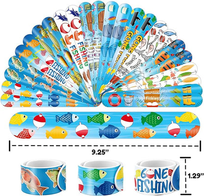 48PCS Gone Fishing Party Favors - 24PCS Tattoos & 24PCS Slap Bracelets - Fishing-Themed Birthday Supplies, Decorations, Classroom Prizes, Carnival Rewards, Gifts for Boys & Girls
