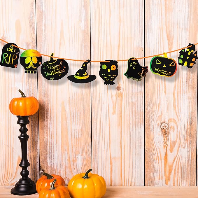 ArtCreativity Halloween Crafts (Bulk) - Scratch Art for Kids, 60 Sets with 60 Designs, 60 Sticks & Red Strings - Magic Colorful Scratch Art Party Favors, DIY Activity for Kids Classroom Decoration
