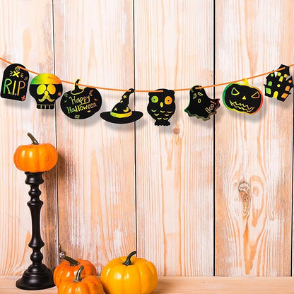 ArtCreativity Halloween Crafts (Bulk) - Scratch Art for Kids, 60 Sets with 60 Designs, 60 Sticks & Red Strings - Magic Colorful Scratch Art Party Favors, DIY Activity for Kids Classroom Decoration