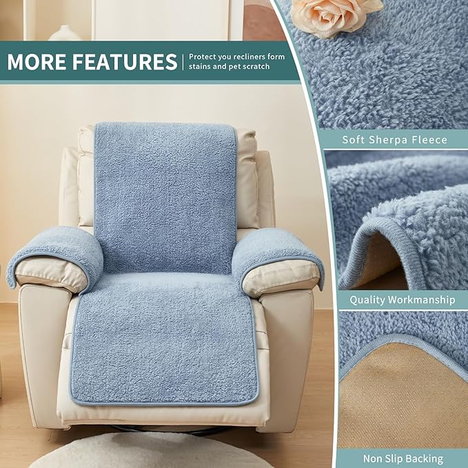 vctops Sherpa Fleece Recliner Chair Cover Super Soft Warm Plush Sofa Slipcover Furniture Protector Non Slip Washable Reclining Chair Cover for Kids, Pets (Blue,22"x82")