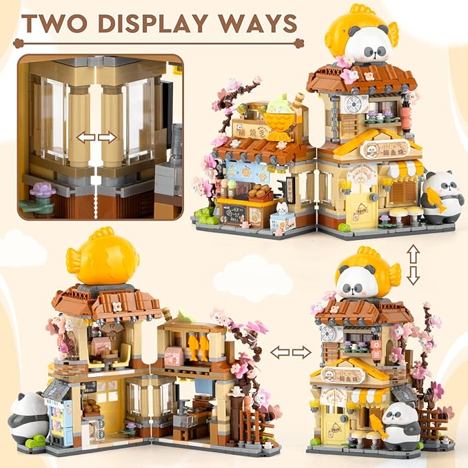 Finger Rock Street View Mini City Taiyaki Shop Building Set, Cute Panda Animals Building Toys Creative Architecture Set, Ideas Gifts for Adults Kids 8+ (858PCS)