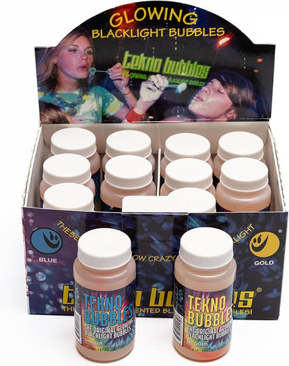 Atomic Bubbles: Tekno Bubbles - 12 Pack (6 Gold, 6 Blue) - 4oz Bottles, UV Blacklight Glow Bubbles, Glow Parties, Indoor & Outdoor, Kid Safe Non-Toxic