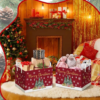 Christmas Tree Storage Basket with Snowflakes, Christmas Decorative Clothes Storage Cube for Nursery , Waterproof Rectangular Toy Box for Boys Girls, Christmas Gifts Storage Box, Winter Party Supply