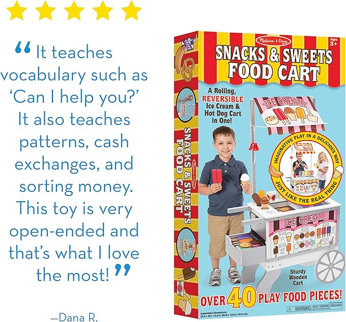 Melissa & Doug Wooden Snacks and Sweets Food Cart - 40+ Play Food pcs, Reversible Awning , Multi Colored