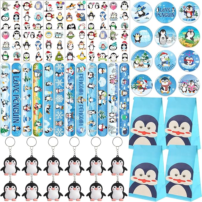 Penguin Party Favors, Penguin Temporary Tattoos Slap Bracelets Keychains Badges Gift Bags for Winter Penguin Birthday Party Supplies Decorations Gifts for Kids Classroom Rewards Baby Shower