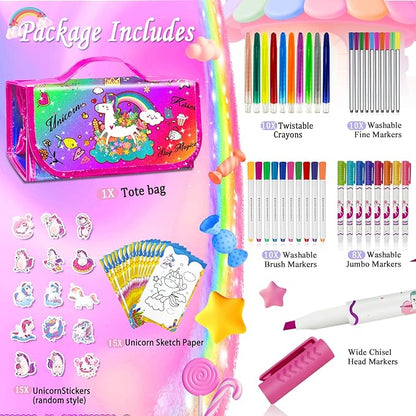 Kids Washable Scented Markers Set with Pencil Case, Kids Art Supplies Unicorn Markers Drawing Kits with Coloring Paper & Stickers for 4-8 Years Old Girls Birthday Gifts (Rainbow Unicorn, Multicolor)