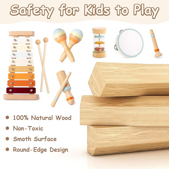 Baby Musical Instruments, Montessori Musical Toys for Toddler Neutral Colors Wooden Toys Percussion Instruments Set with Modern Boho Xylophone Birthday Easter Gifts for Kids Preschool Educational