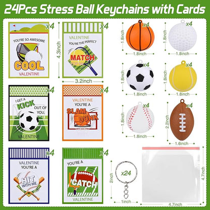 Valentines Gifts for Kids,24Pack Valentines Day Cards for Kids School with Stress Ball Keychain for Valentines Sports Party Favors Kids Classroom Prize Gift Exchange Class Valentines