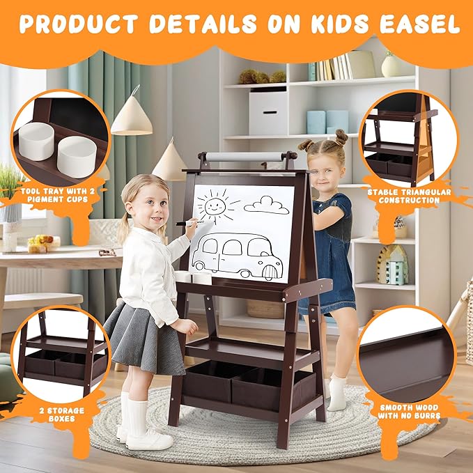 Elevon Art Easel for Kids, Wooden Kids Easel 3 in 1 Adjustable Double Sided, Whiteboard, Chalkboard & Paper Roll, 2-Tier Rack w/ 2 Storage Boxes, Standing Easel for for Painting & Drawing