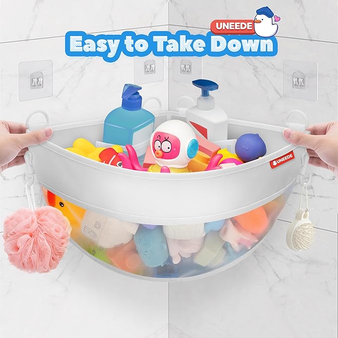 UNEEDE 4.32 Gallons Corner Mounted Bath Toy Storage Holder, Mesh Shower Caddy for Bathtub Organizer, Quick Dry Holder