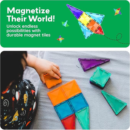 PicassoTiles 100 Pieces Magnetic Tiles Building Blocks Mini Size Diamond Series Magnet Toys Travel Size On-The-Go Construction Sensory Toys Gifts Educational Set STEM Learning Kit Playset PTM100
