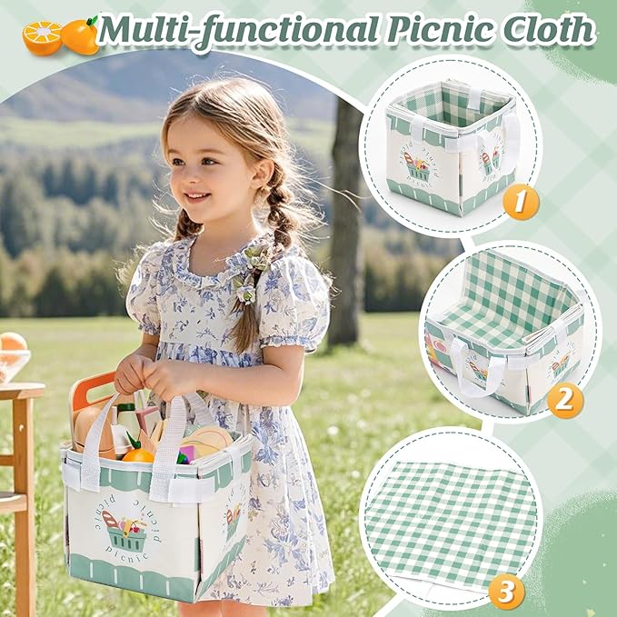 Toyssa Wooden Picnic Tea Party Set for Litle Girls 3-5, Picnic Pretend Play Kitchen Accessories for Kids with Fruits & Desserts, Toys Foods Christmas Birthday Gifts for Girls Boys 3 4 5 6 Years Old
