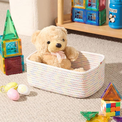 MiniArk Small Storage Baskets for Organizing | Closet Organizer Bins | Shelf Toy Basket | Woven Rope Baskets | Cube Decorative Box | Shallow Basket | 11.5x7.5x4.7” | 3 Packs Rainbow